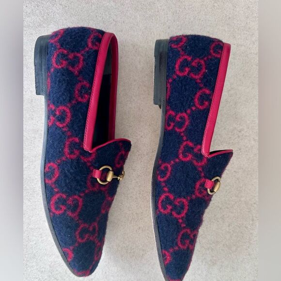 GUCCI Jordaan GG Monogram Horsebit Wool Flat Loafers Navy Blue & Red EU 37 US 7 - Picture 9 of 10